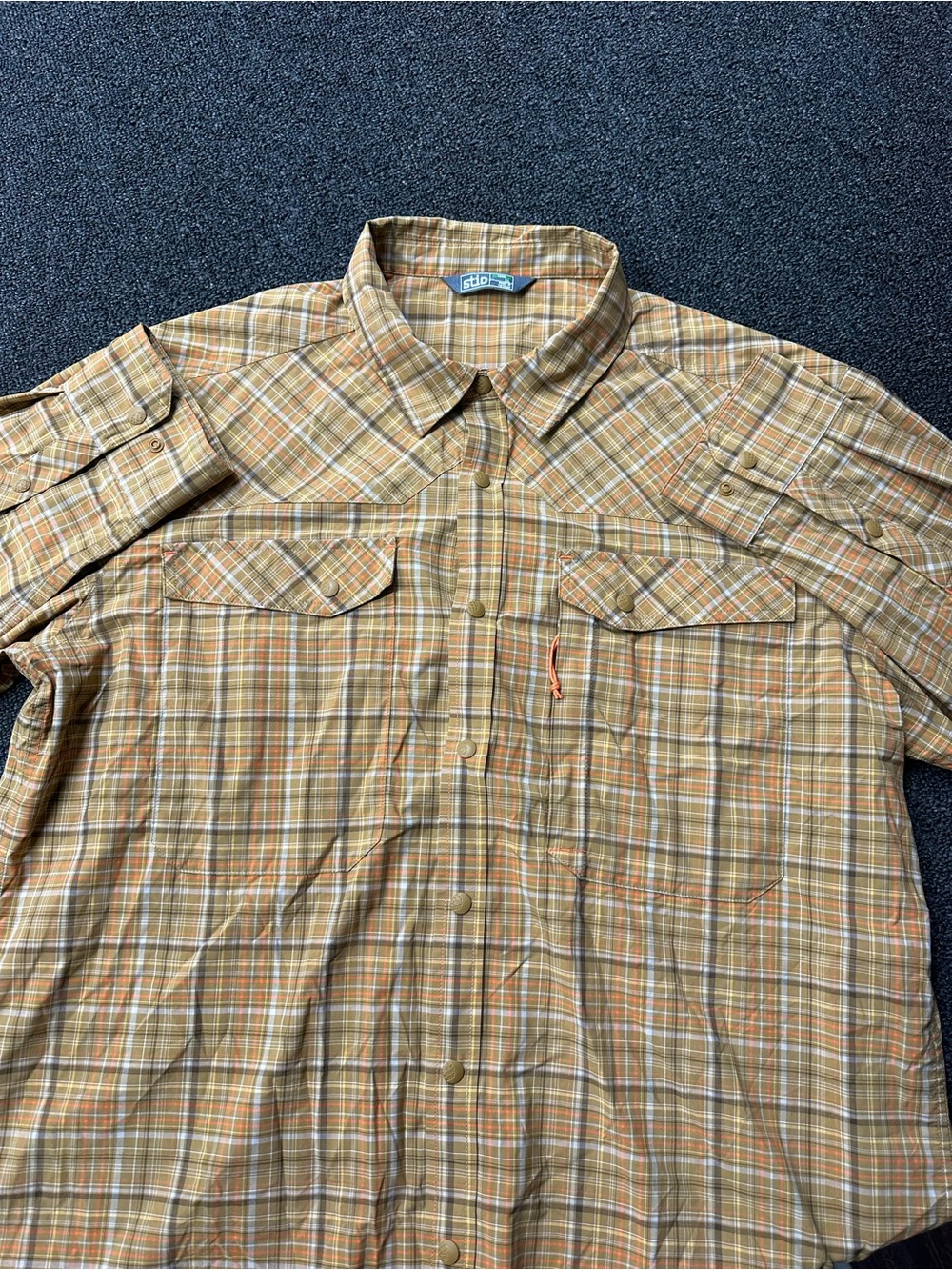 Stio Eddy Drift Shirt Tan Plaid Flap Pockets UPF 50+ Men’s XL
